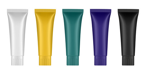 Set of toothpaste or ointment tubes. White, purple, green, gold and black colors. Hand cream, mask or lotion. Acrylic paint	
