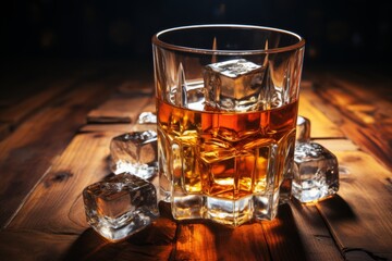 Whiskey and ice on rustic background with selective focus   perfect for brandy or whiskey lovers