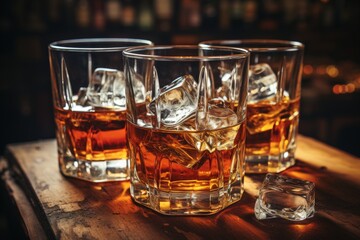 Whiskey and ice on rustic background with selective focus   vintage whiskey or brandy drink concept