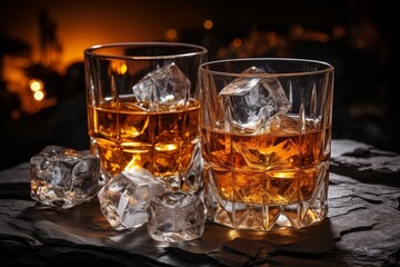 Whiskey on rustic background with ice, selective focus   alcoholic beverage concept