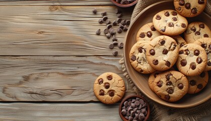 Chocolate chip cookies in a plate on a wooden background, top view. Copy space for text. Home baking cookies