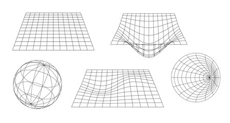 Set of vector grids, y2k design elements. Plane, sphere, funnel
