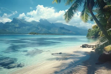 Fotobehang Bora Bora, Frans Polynesië Idyllic tropical beach with palm trees and clear blue water in French Polynesia. Bora Bora. Summer vacation and travel concept for travel posters, brochure, and holiday promotion copy space for text
