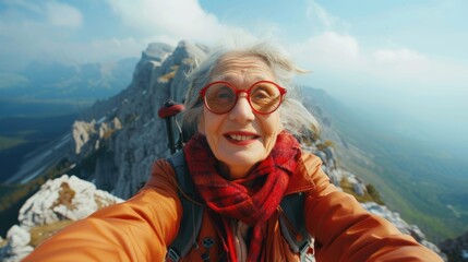 Senior woman taking a selfie on a mountain peak. Activity, adventure and travel concept for outdoor gear advertisements, travel blogs, and inspirational posters