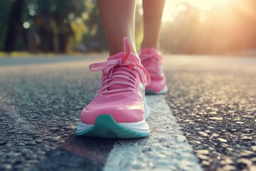 Physical activity. Close-up of pink sneakers on the sidewalk at sunrise. Morning jogging and a healthy lifestyle. Design for sports ads, fitness blogs and motivational posters. - obrazy, fototapety, plakaty