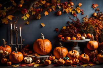 Naklejka na ściany i meble halloween pumpkins and leaves, Step into the enchanting world of autumn with a delightful composition featuring pumpkins and colorful seasonal decorations artfully arranged against a pristine white ba