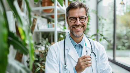Smiling doctor showing syringe. Lifestyle image style in clinic modern office with green plant in background. Portrait of medic with copy space. Healthy lifestyle concept. Poster for health care