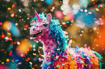 Close-up of a unicorn pinata head with confetti. Festive colorful background. Festive and party concept. Design for banner, poster - Powered by Adobe