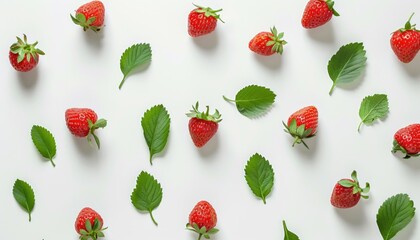 Strawberries with leaves isolated on white background, Flat lay, top view composition of...
