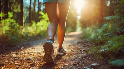 Close-up of woman's legs walking on forest path at sunset. Healthy lifestyle and nature connection...
