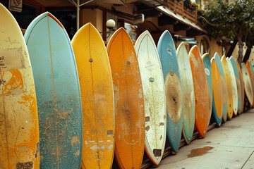rental surfboards lined up in a row at a beach surf shop