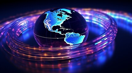 Abstract 3D graphics illustrating the technological globalization of Earth, emphasizing artificial intelligence transmission through fiber optic cables.