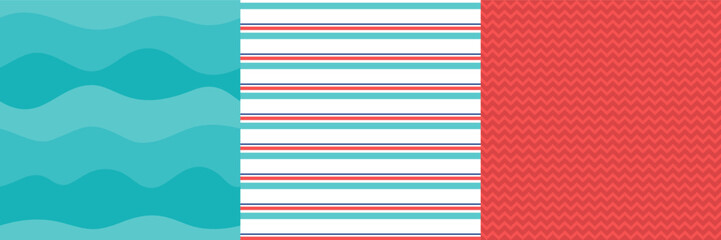Nautical seamless pattern set. Marine repeat design summer print vector background collection. Striped, chevron, wavy. Red, blue, teal stripes and waves. Beach repeat design blender seamless pattern.