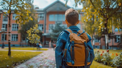 Back to school concept. Schoolboy with full backpack go to school. Back view. AI generated illustration