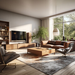 A stylish living room with plenty of seating, a large TV, and a variety of storage solutions for maximum functionality