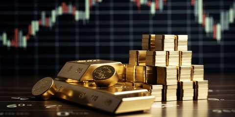 Rare metal, rare earth market value and fluctuation. Precious metal market concept. Gold and metallic bargraphs.
