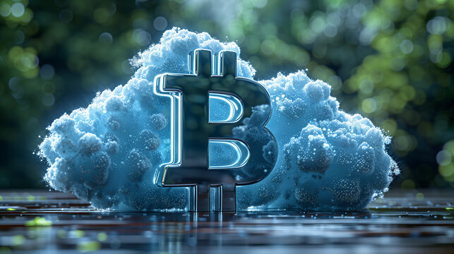 Bitcoin cloud mining depicted with BTC sign hovering over clouds adorned with digital symbols