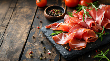 Slices of pink jamon adorned with herbs, set against a wooden textured background.