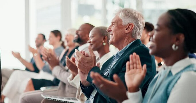 Applause, tradeshow and business people in office for meeting or company training with team. Seminar, diversity and professional staff audience clapping hands at corporate convention in workplace.