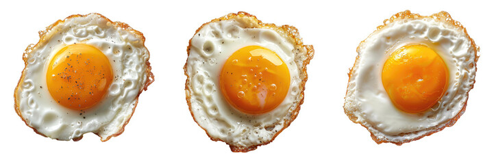 set fried egg. top view. isolated on transparent png solid white background - obrazy, fototapety, plakaty