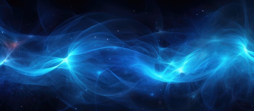 A computer-generated 3D render displaying a blue abstract background with glowing plasma yarn resembling spacetime dark matter and energy against a black backdrop.