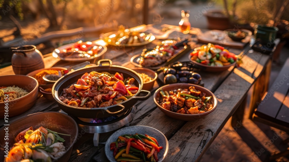 Sticker A wooden table topped with bowls of food