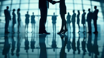 Silhouette of Business Handshake in Corporate Lobby - obrazy, fototapety, plakaty