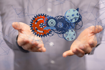 gear system data. Connecting lines and dots.Big data visualization  - neural network exposure digital