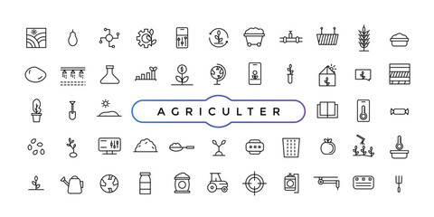 Fototapeta na wymiar Agriculture and Farming Line Icons. Contains such Icons Harvester trucks, tractors, farmers and village farm buildings. Outline icon collection.