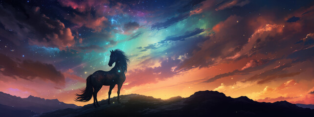 Majestic horse gallops through cosmos, mane flowing with ethereal colors, stars and nebulae in background, embodying celestial spirit, fantasy, vibrant.