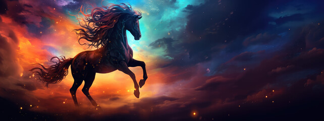 Majestic horse gallops through cosmos, mane flowing with ethereal colors, stars and nebulae in background, embodying celestial spirit, fantasy, vibrant. - obrazy, fototapety, plakaty