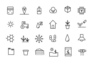 Agriculture and Farming Line Icons. Contains such Icons Harvester trucks, tractors, farmers and village farm buildings. Outline icon collection.
