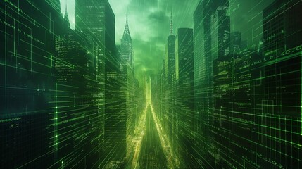 Fototapeta na wymiar Green city matrix with skyscrapers. Model generate ai