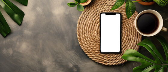 Mobile phone lying flat on a wooden table Circle braided rope There are potted plants and coffee mugs generate ai - obrazy, fototapety, plakaty