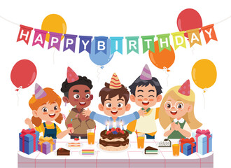 little kid blowing out candles at birthday party with happy friends having fun at birthday party.