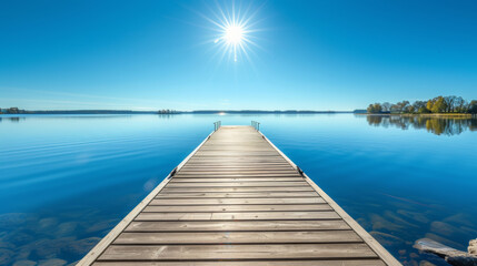 On a bright sunny day, a wooden pier or jetty stretches out into the water, offering a picturesque view.