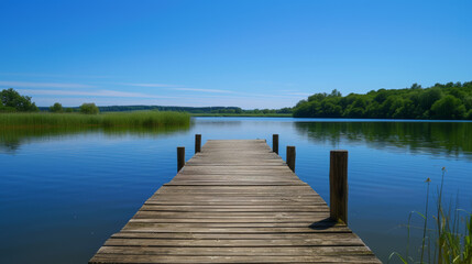 On a bright sunny day, a wooden pier or jetty stretches out into the water, offering a picturesque...