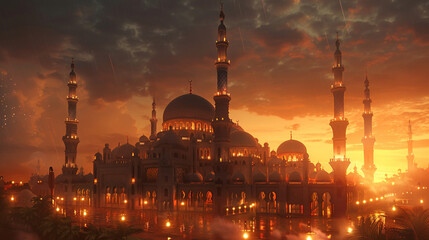 A majestic mosque illuminated by the soft glow of lanterns, echoing the joyous spirit of Eid al-Fitr. - obrazy, fototapety, plakaty