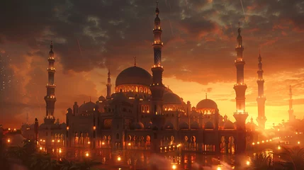 Fotobehang A majestic mosque illuminated by the soft glow of lanterns, echoing the joyous spirit of Eid al-Fitr. © Rafay Arts
