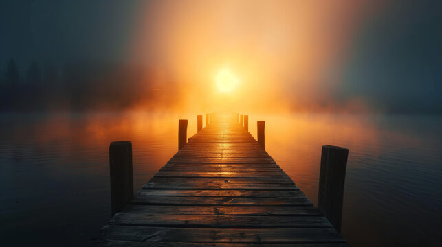 On a misty morning, a wooden jetty extends out into the calm waters of the sea.