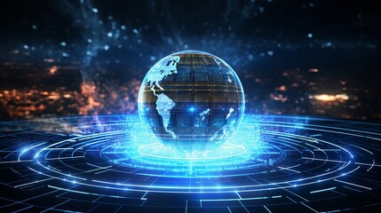 Background featuring artificial intelligence with a globe and digital rays, created using computer-generated imagery.