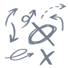 Arrows and icons in gray are drawn in pencil. Abstract shapes. Drawn by hand. Graphic elements of creativity.	