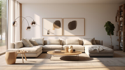 A stylish living room with augmented reality lighting fixtures, a grey sectional, and an abstract area rug