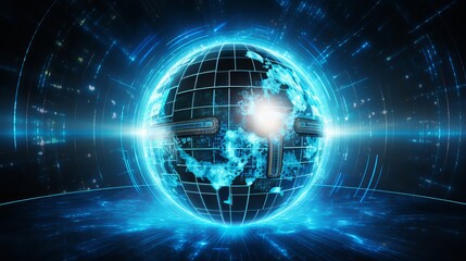 Background featuring artificial intelligence with a globe and digital rays, created using computer-generated imagery.