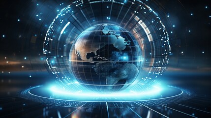 Obraz premium Background featuring artificial intelligence with a globe and digital rays, created using computer-generated imagery.