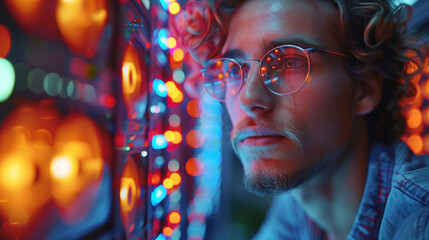 With expertise and precision, engineer calibrates video card settings on glowing server racks