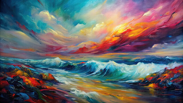 sunset sea waves oil paint