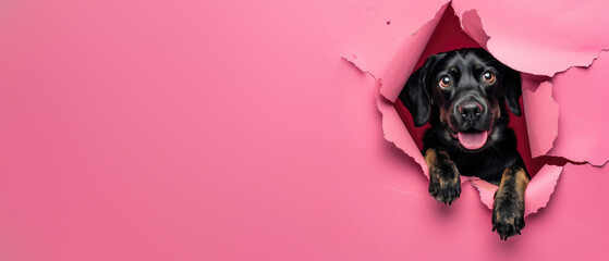 An adorable black puppy with shining eyes looks through a ripped pink paper, evoking warmth - 751688373