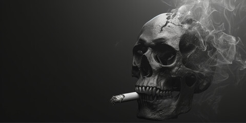 Cigarettes intertwined with the contours of a human skull, with wisps of smoke curling around. The skull itself appears to partake in the act of smoking, embodying the dire consequences of tobacco. - obrazy, fototapety, plakaty