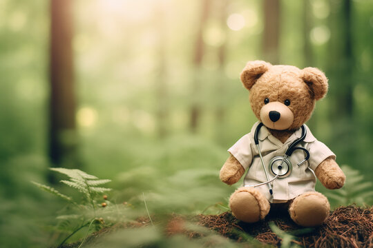 A teddy bear with a stethoscope in a cozy children's bedroomwhite backdrop. Ai generated